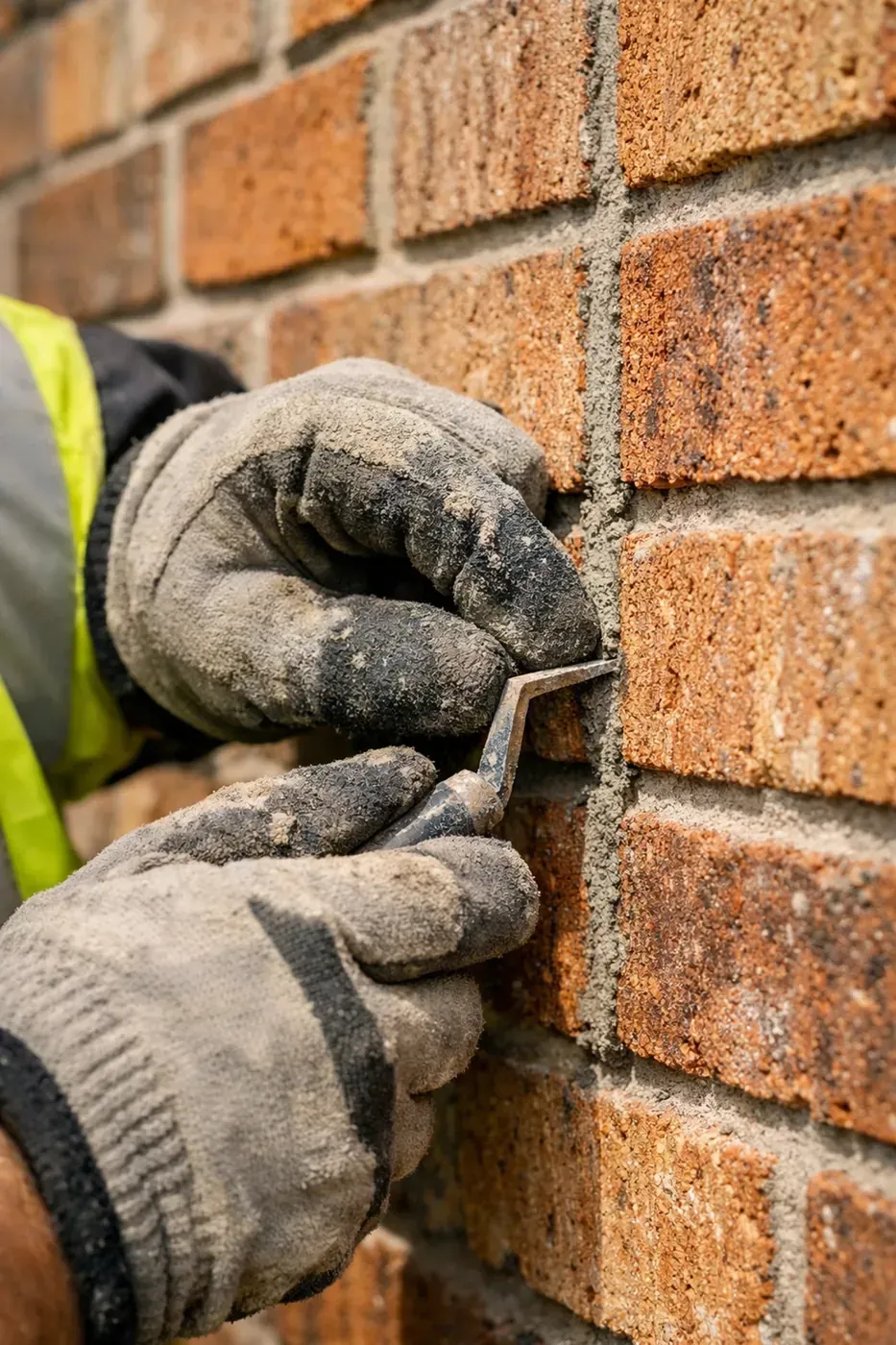 Gloved hands tooling a mortar joint in a brick wall during masonry work in Fort Worth