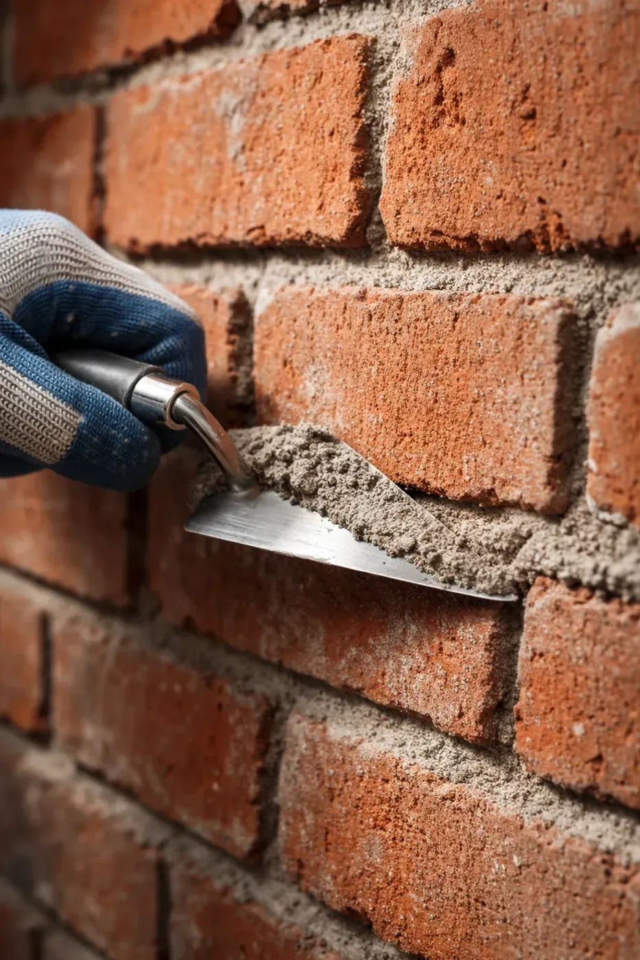 Mason applying fresh mortar to brick joint, highlighting expert mortar matching for brick crack repair.
