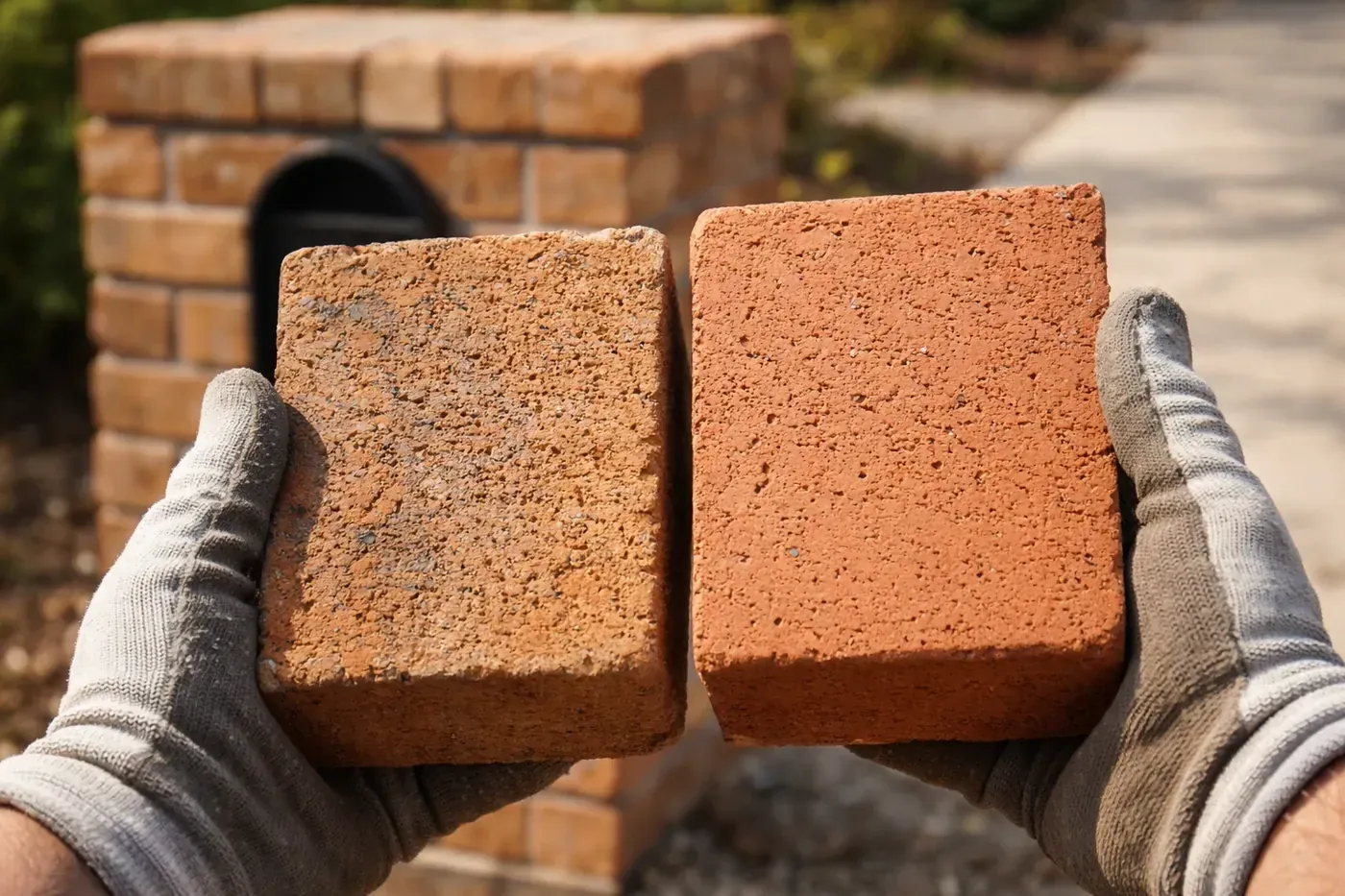 Mason comparing weathered and replacement bricks for color matching during mailbox repair