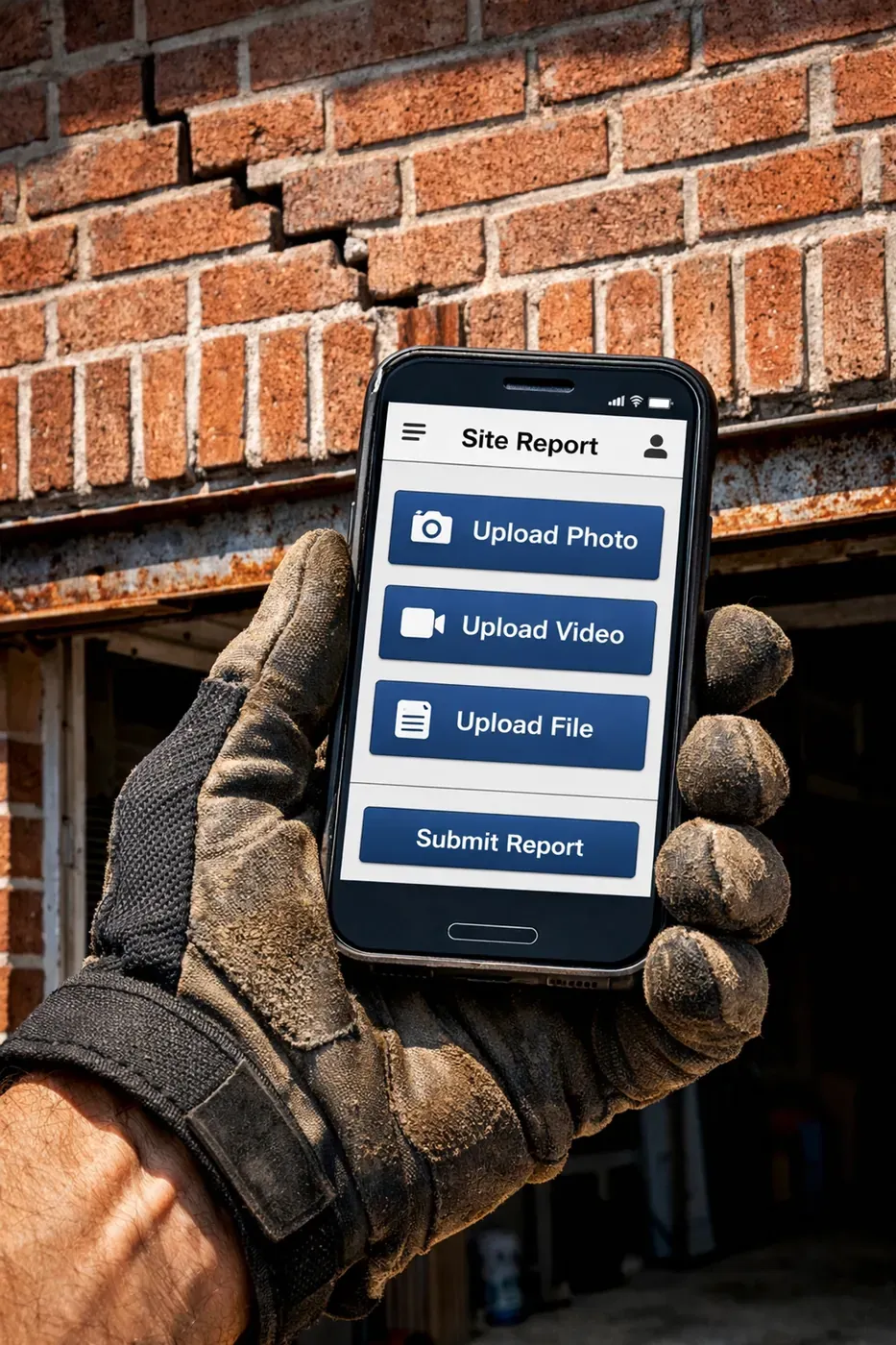 Field pro using a smartphone for a LintelLOCK estimate on a sagging brick garage header in DFW.