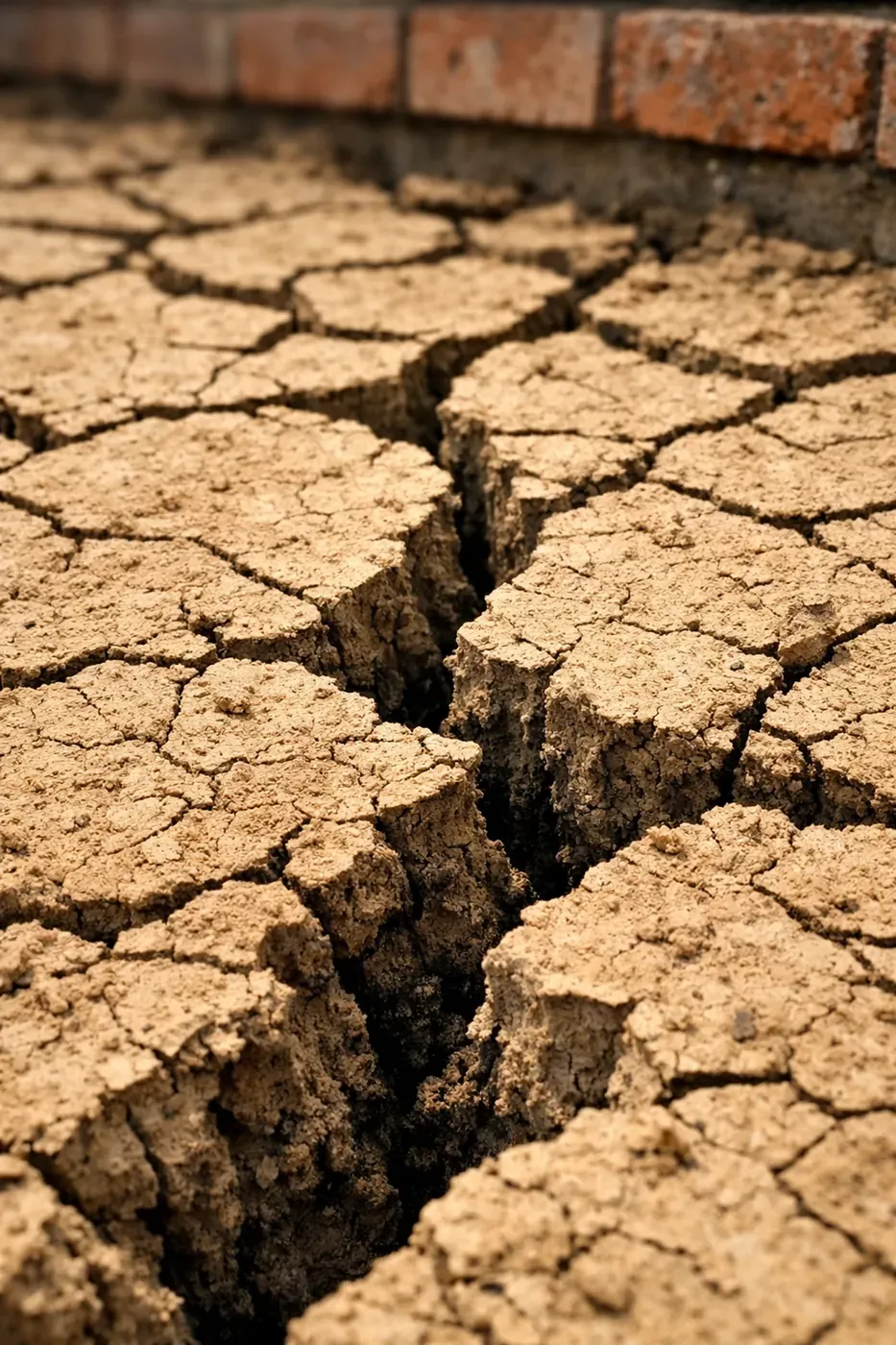 Deep cracks in expansive Dallas clay soil near brick home foundation