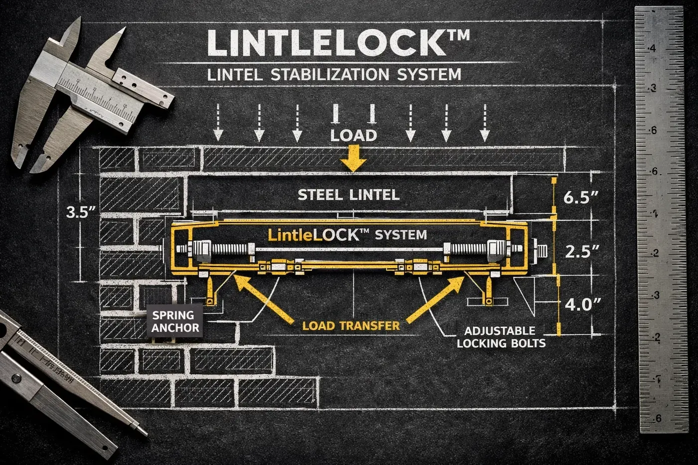 LintelLOCK™ engineering blueprint showing lintel stabilization system cross-section for brick repair