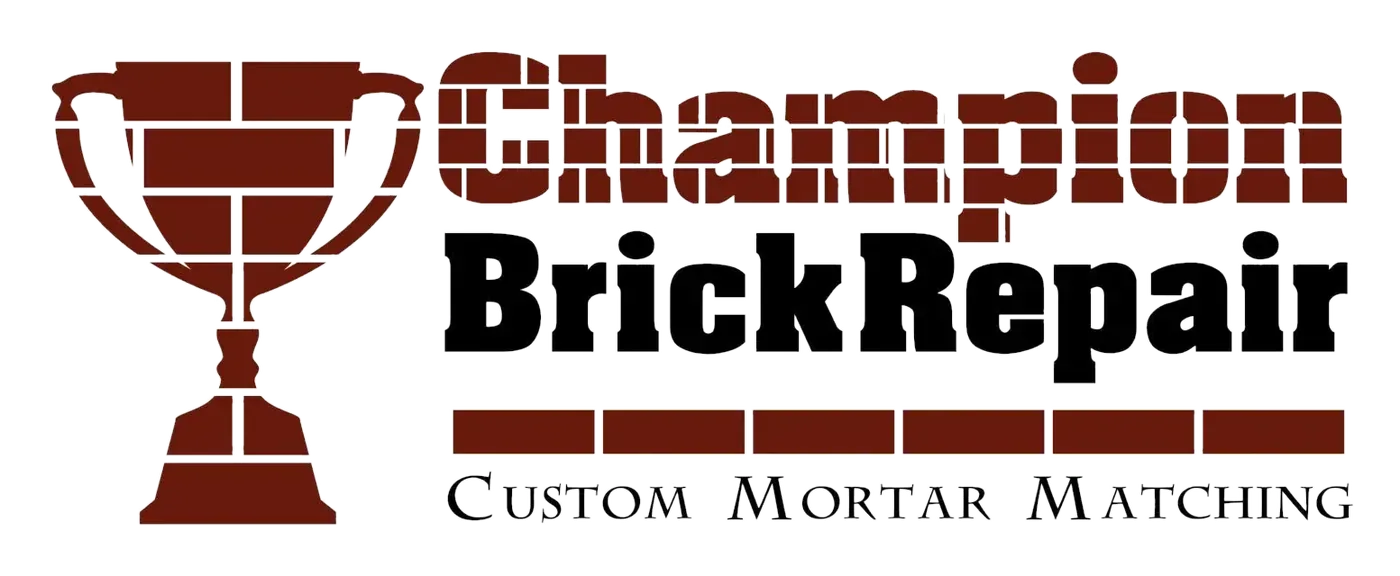 Champion Brick Repair logo featuring a large trophy made of brown bricks