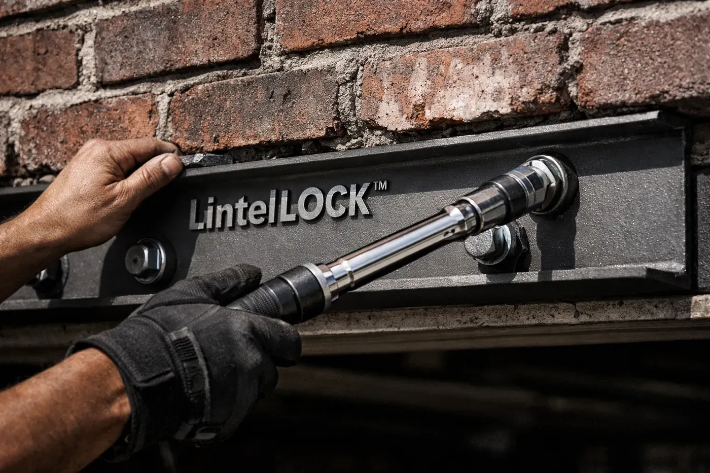 Technician installing LintelLOCK system to reinforce a sagging garage lintel and provide structural masonry support.