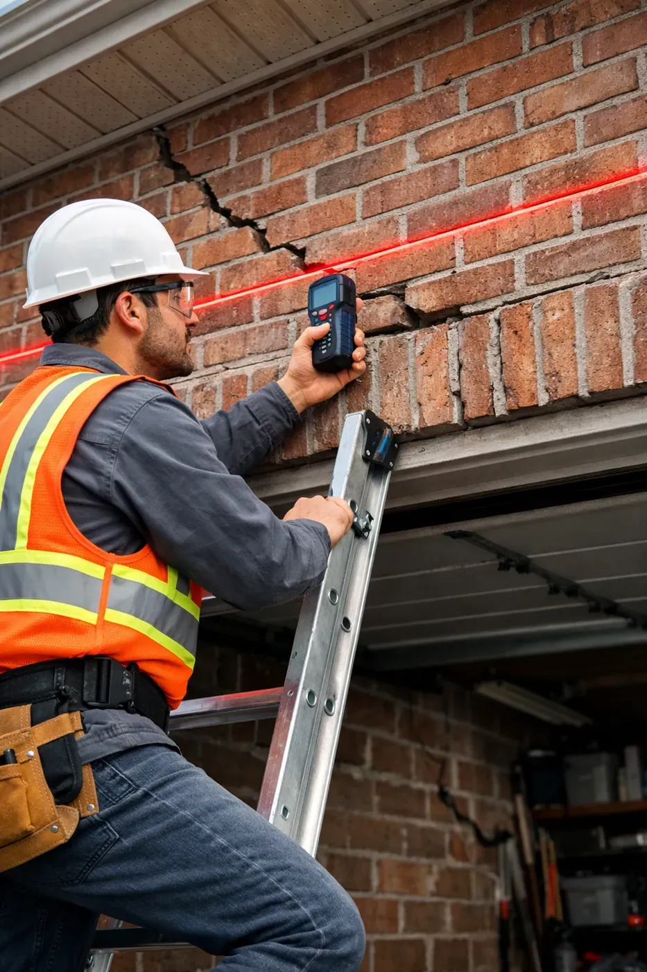 Masonry technician using laser measurement tool during brick wall diagnostic assessment