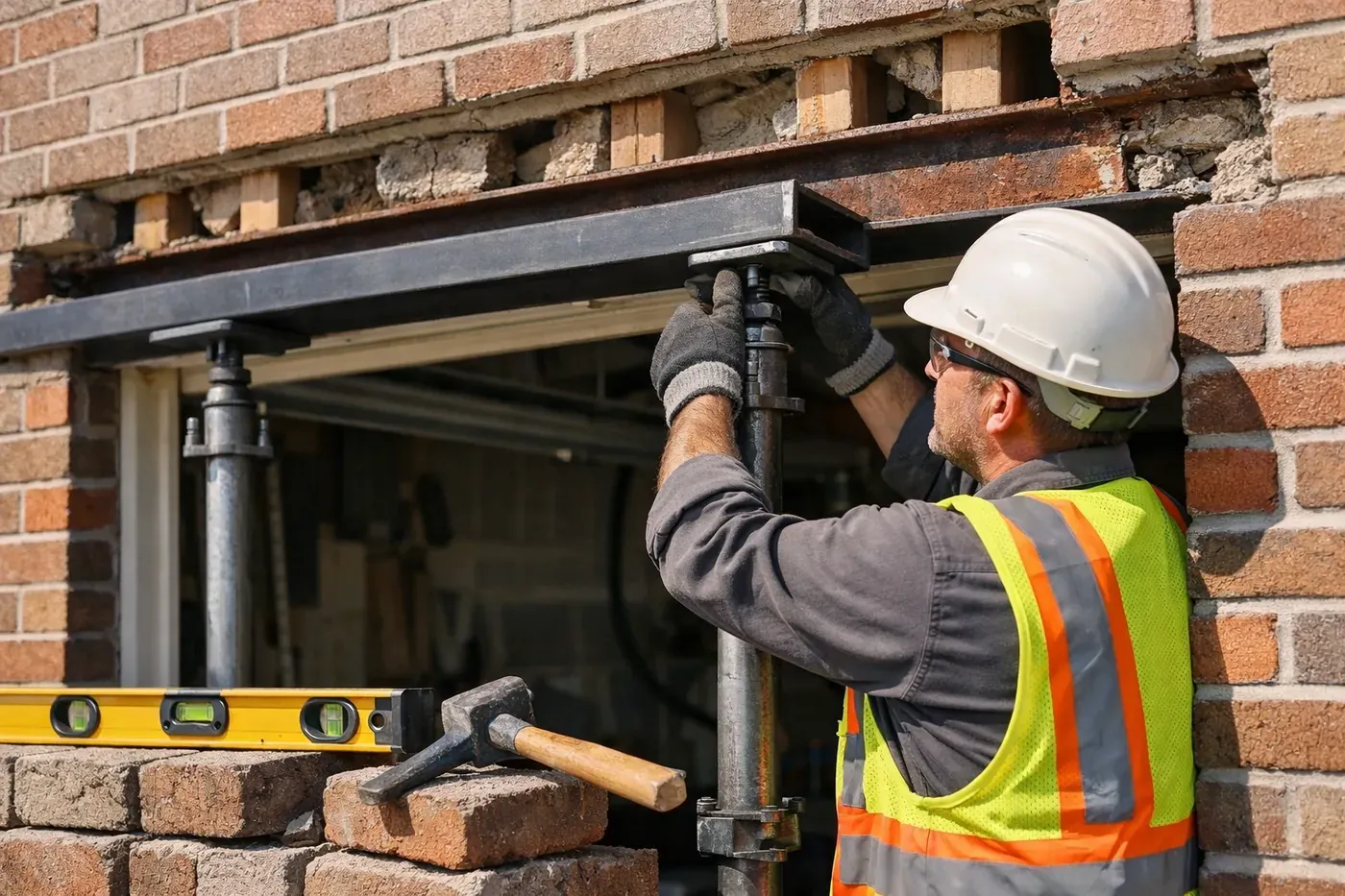 Professional brick mason installing support beams during garage lintel repair