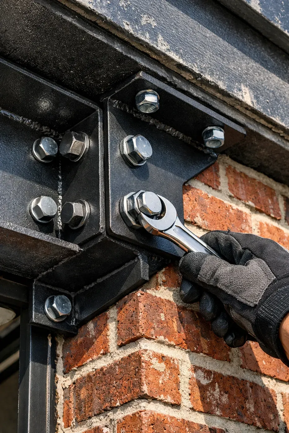 Dallas garage lintel repair using the LintelLOCK™ system to stabilize sagging bricks and reverse torsional twisting.