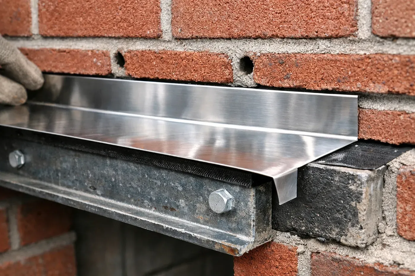 Proper lintel flashing installation with metal sheet and weep holes in brick masonry