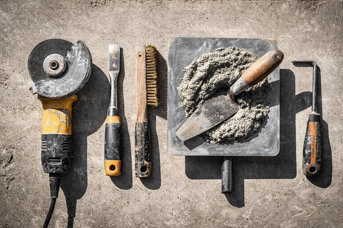 Overhead view of masonry repair tools for brick wall restoration in North Texas homes.