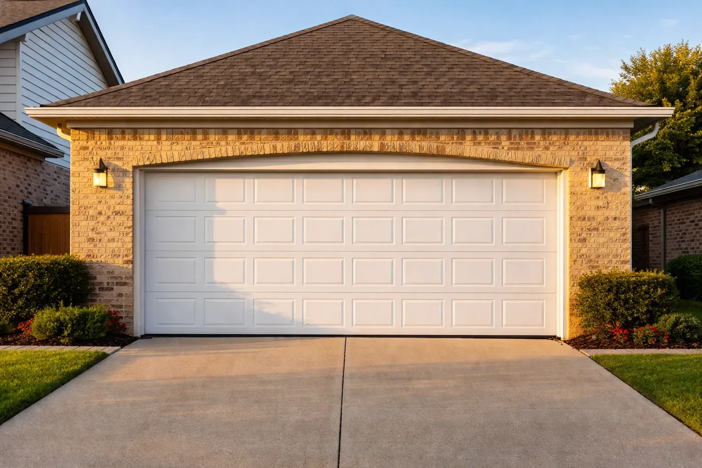 DFW suburban home garage with visible door misalignment and sagging brick line above the door, illustrating lintel problems.