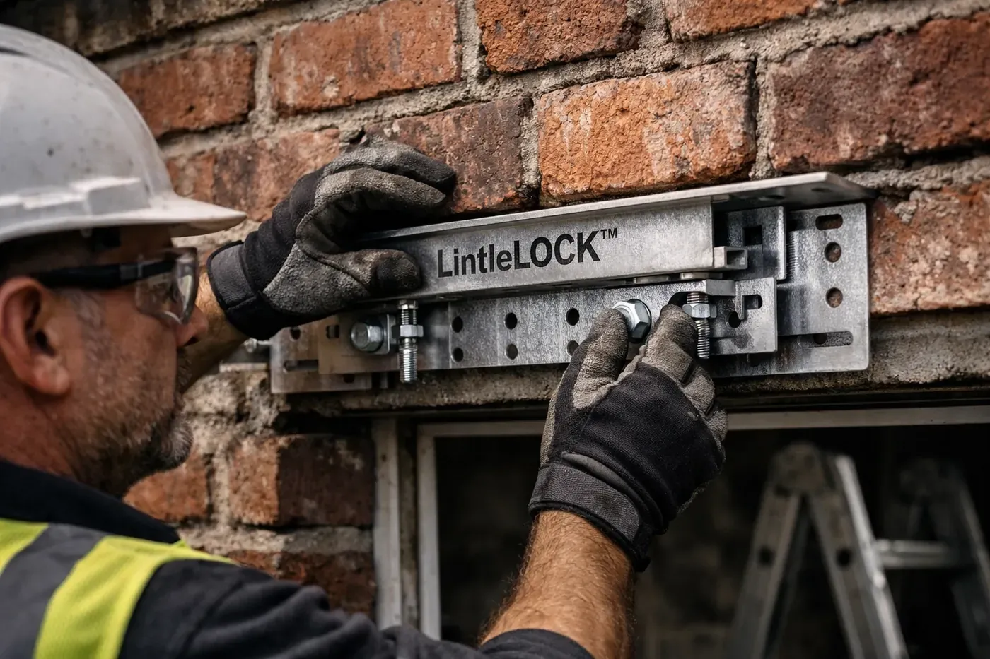 Technician installing LintelLOCK system on brick wall above garage door for permanent lintel repair