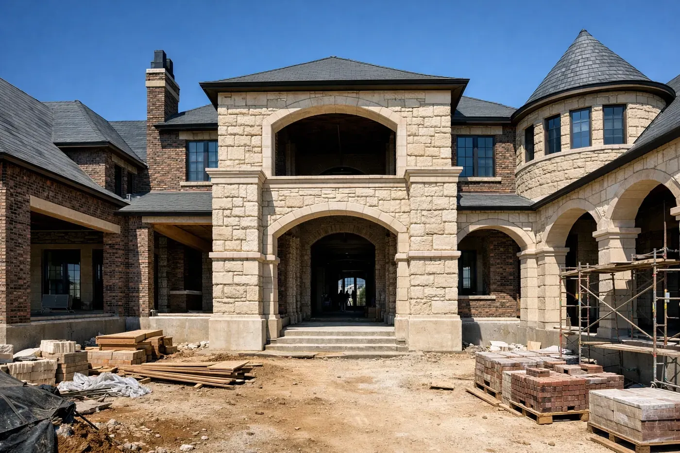 Luxury brick and stone home construction in Dallas TX showing architectural masonry and limestone columns.