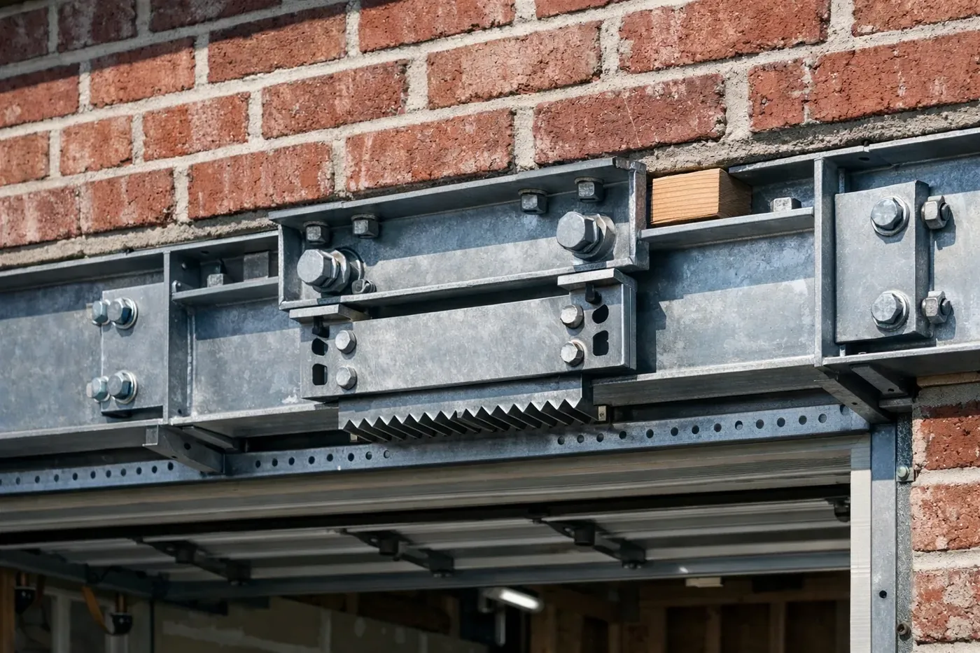 LintelLOCK system installation for structural garage lintel repair on a Dallas brick home.