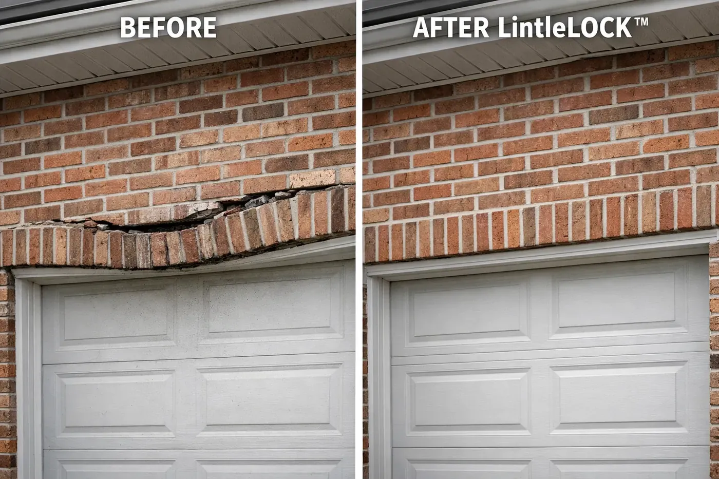 Before and after lintel repair showing cracked brick transformed to straight, restored masonry