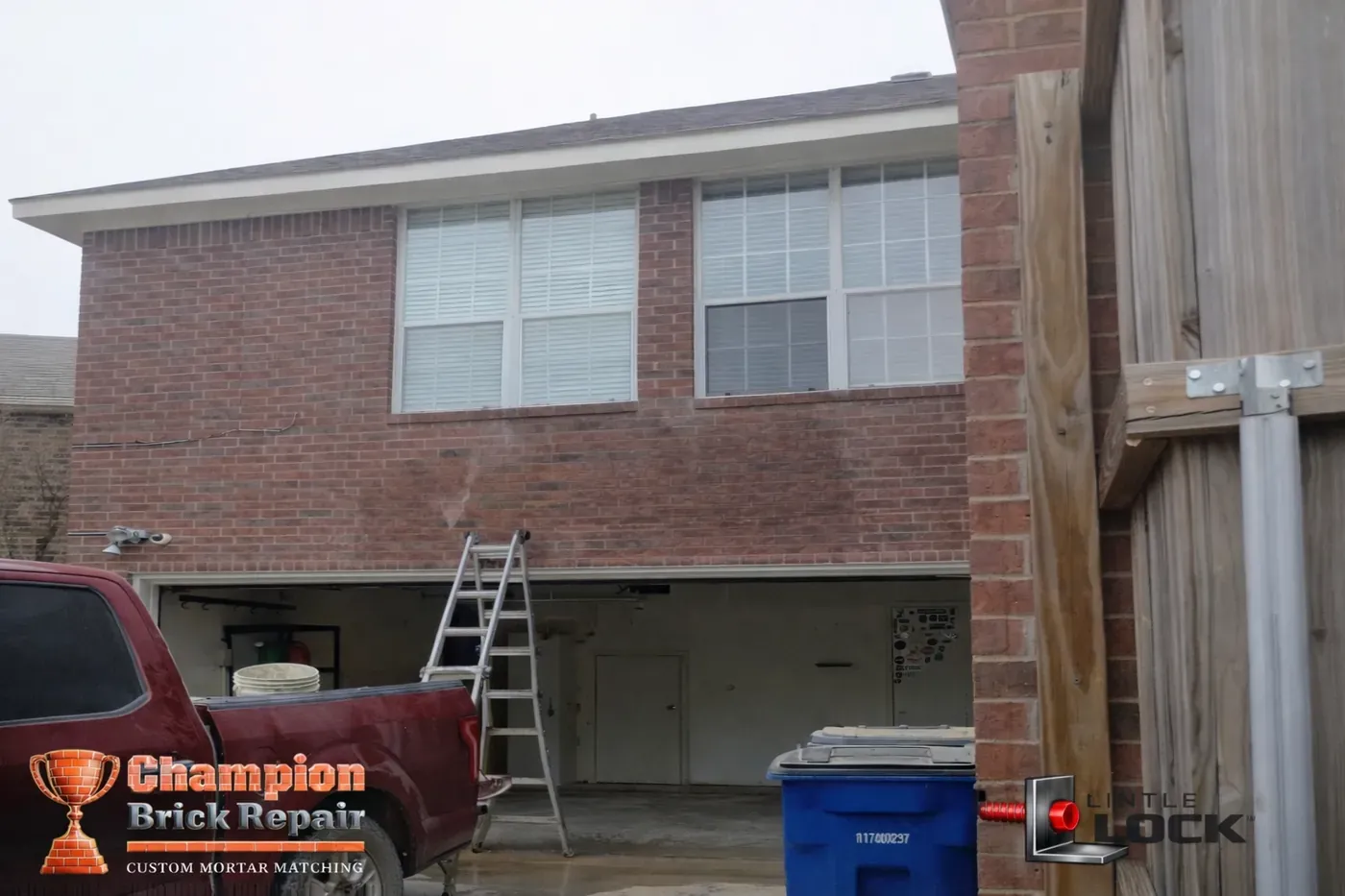 Real Dallas garage lintel repair showing sagging brick and cracking above the garage door (Champion Brick Repair + LintelLOCK™ logos)