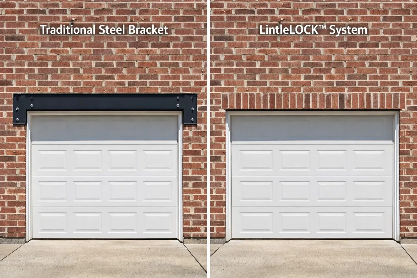 Side-by-side comparison of bulky garage lintel lift brackets versus the invisible LintelLOCK repair system.