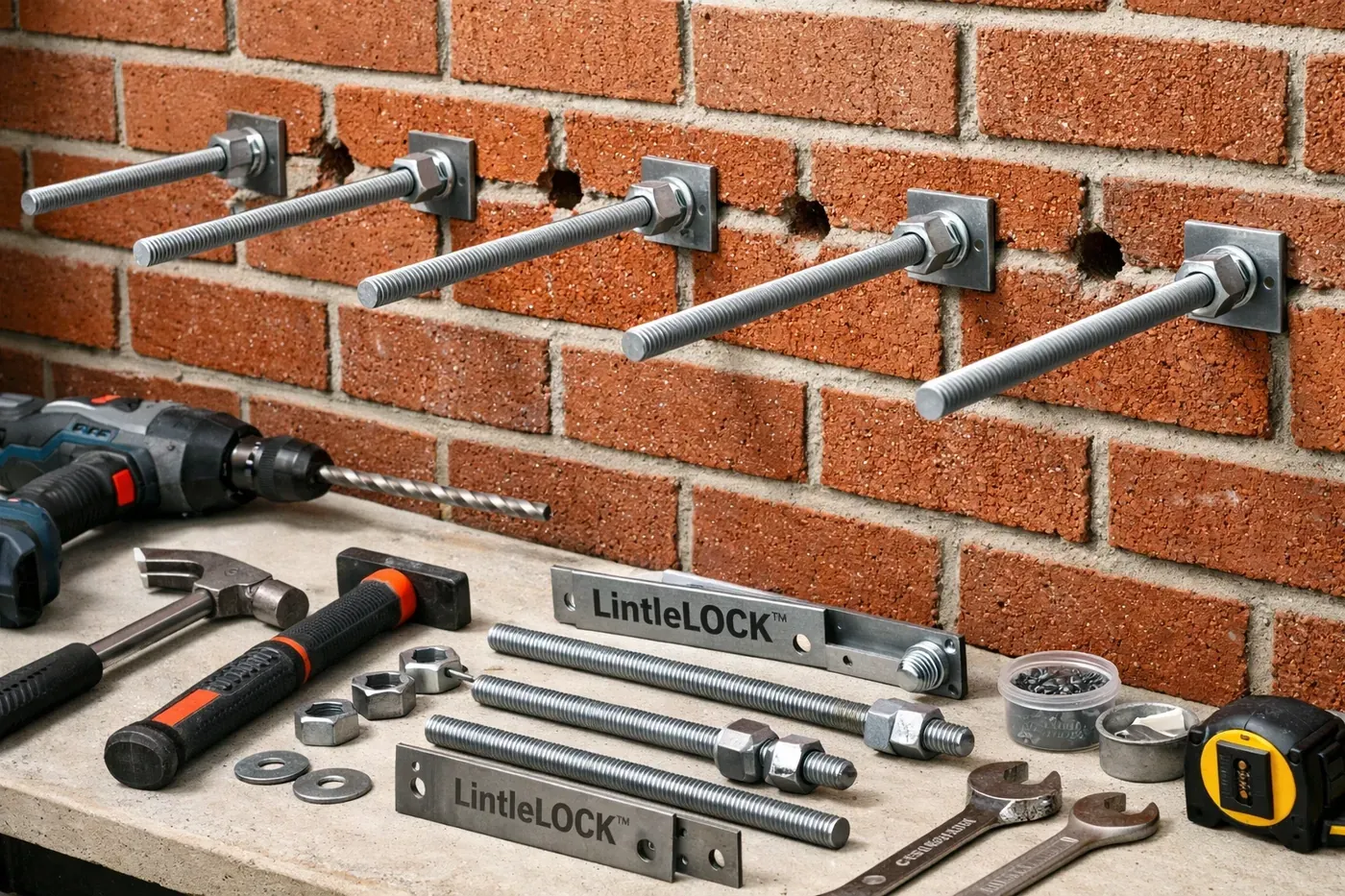 LintelLOCK system installation showing threaded rods and precision brick repair work
