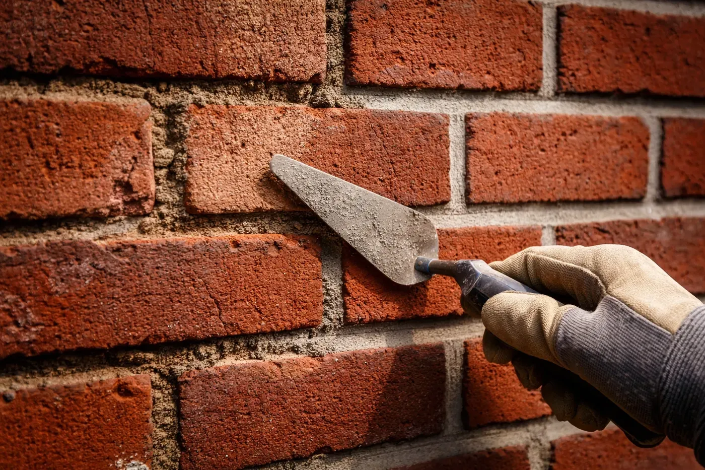 Tuckpointing repair in progress showing fresh mortar applied to restored brick joints