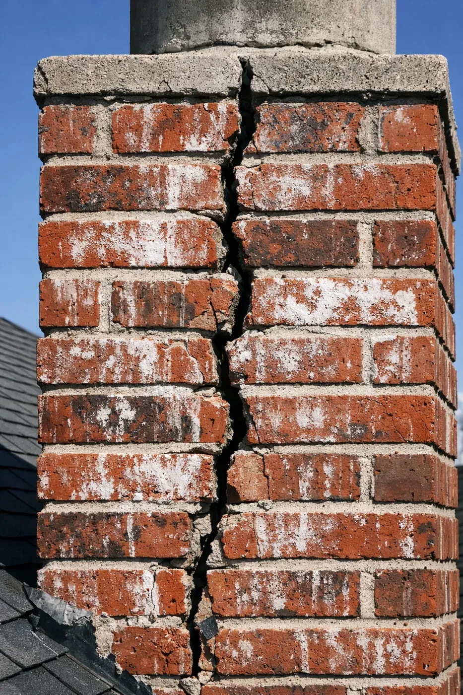 Damaged brick chimney in Dallas with vertical cracks and white efflorescence requiring professional masonry repair.