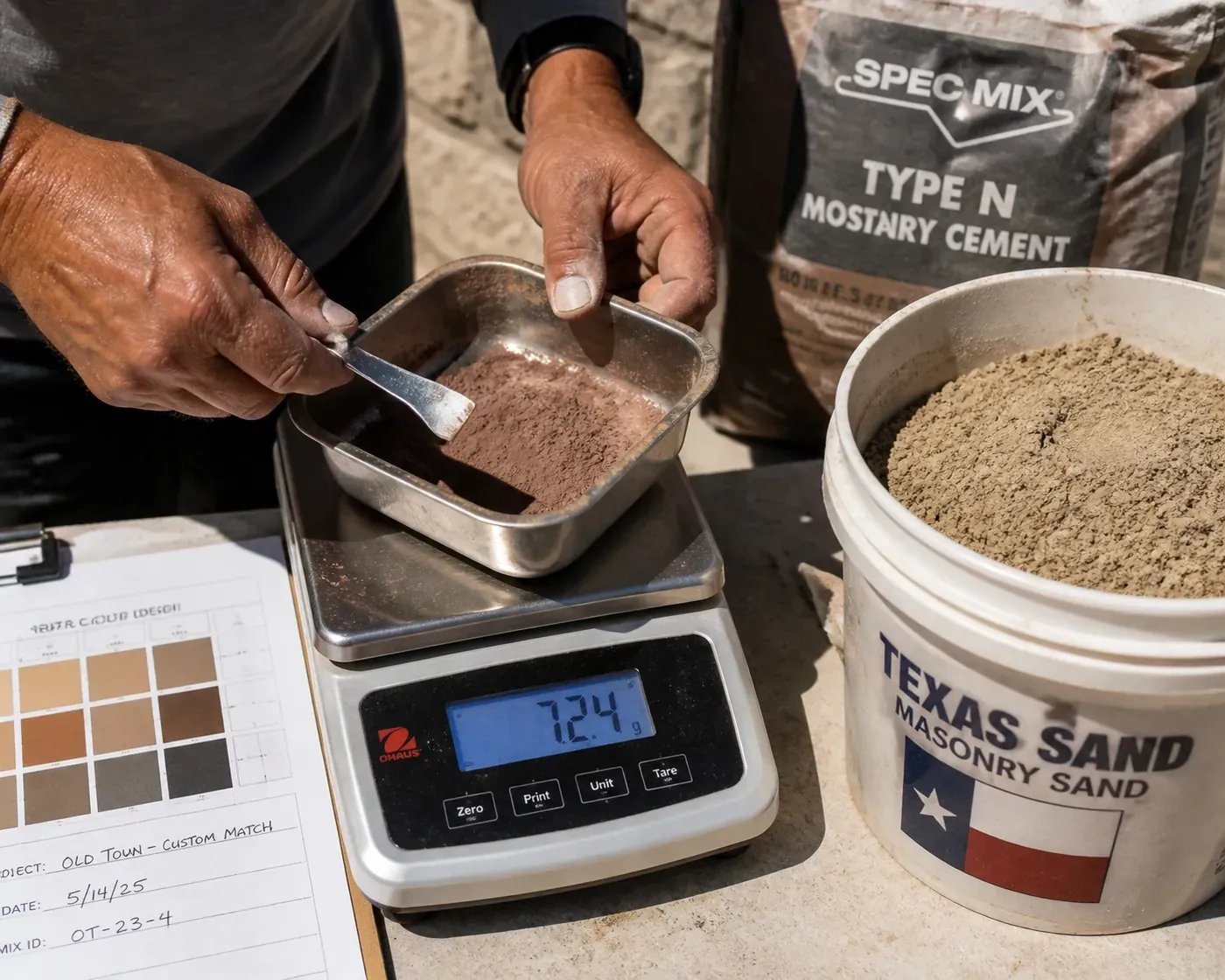 Professional mason weighing pigments for precise custom mortar matching on a brick repair job.