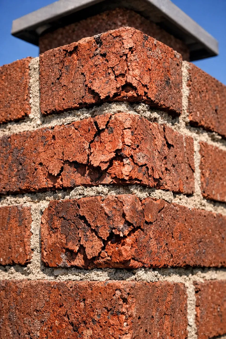Close-up of spalling brick and worn mortar on a Dallas chimney during spring masonry inspection