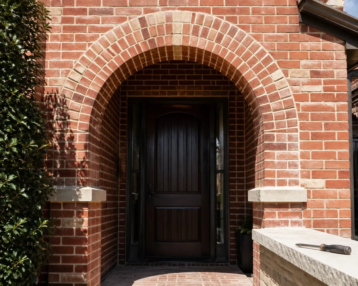 Stabilized brick arch repair in Plano showcasing professional masonry restoration and accurate mortar matching.
