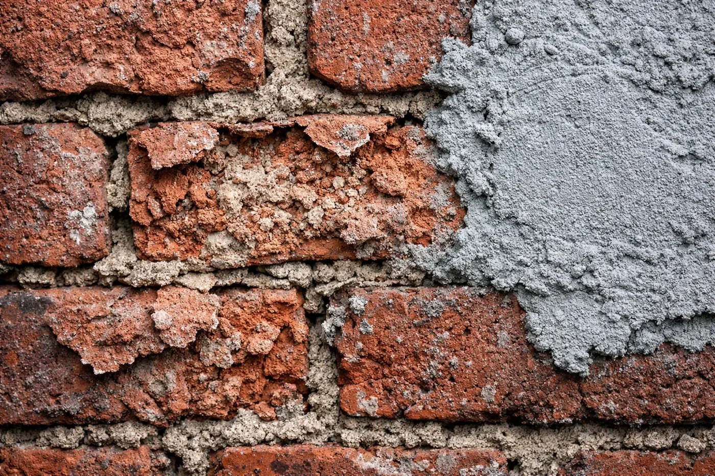 Damaged spalling bricks next to a poorly matched gray mortar patch in a Dallas home.