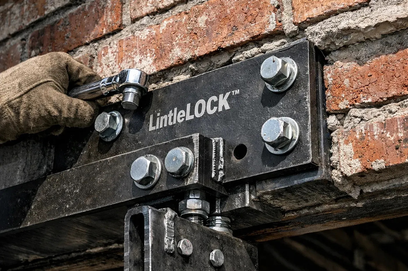 Professional lintel repair in Dallas showing the LintelLOCK bracket stabilizing a sagging brick garage header.