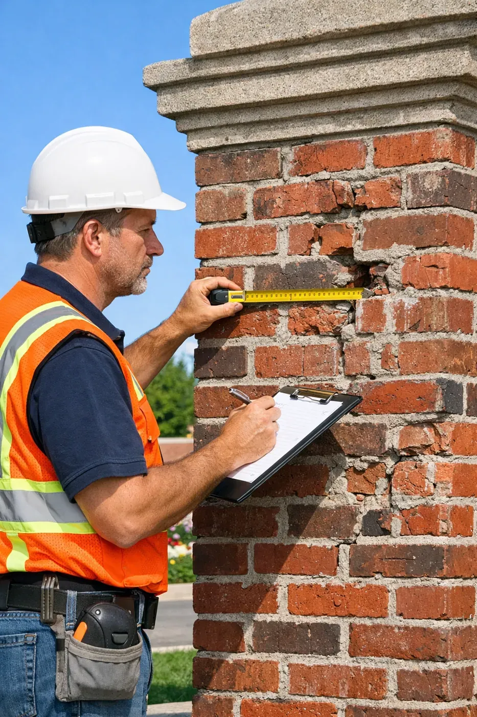 Professional masonry contractor inspecting brick monument structure at community entrance