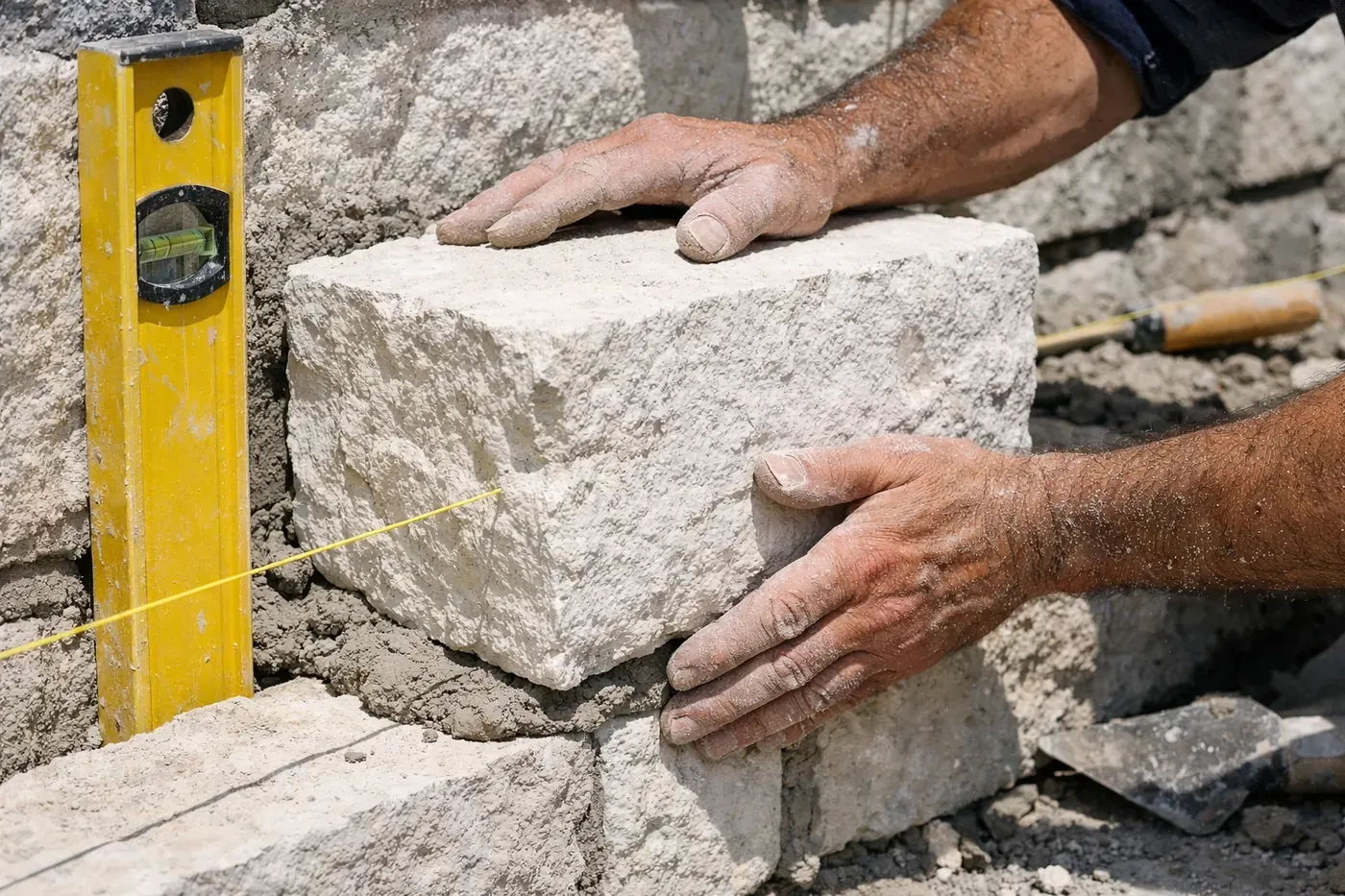 Master mason installing custom stonework for a luxury Dallas estate facade using hand-chiseled limestone blocks.