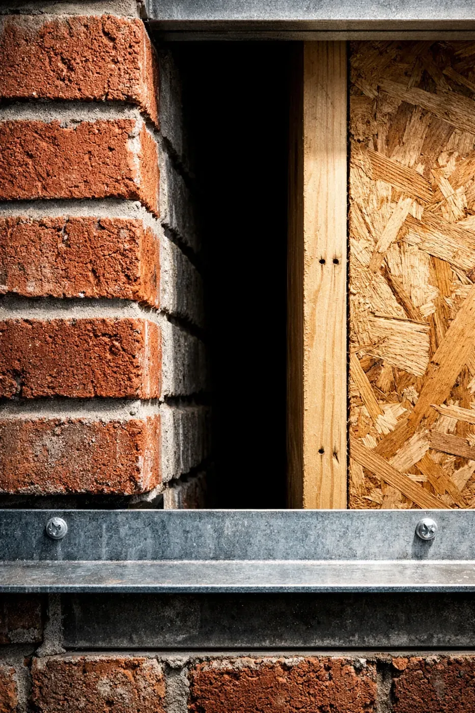 Hidden airspace behind brick veneer where LintelLOCK garage lintel repair system installs