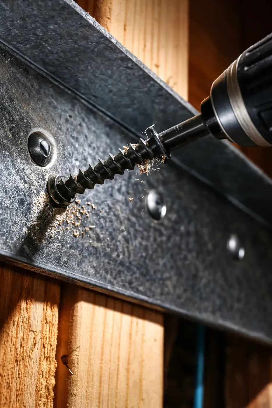 Coated steel lag screw anchoring garage lintel into framing for permanent structural repair