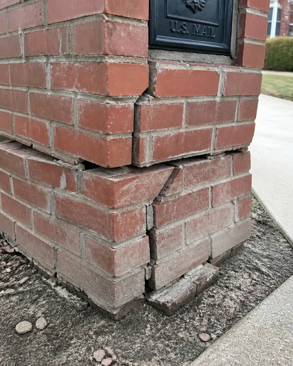 Close-up of a damaged brick mailbox base with visible cracks due to foundation settling.