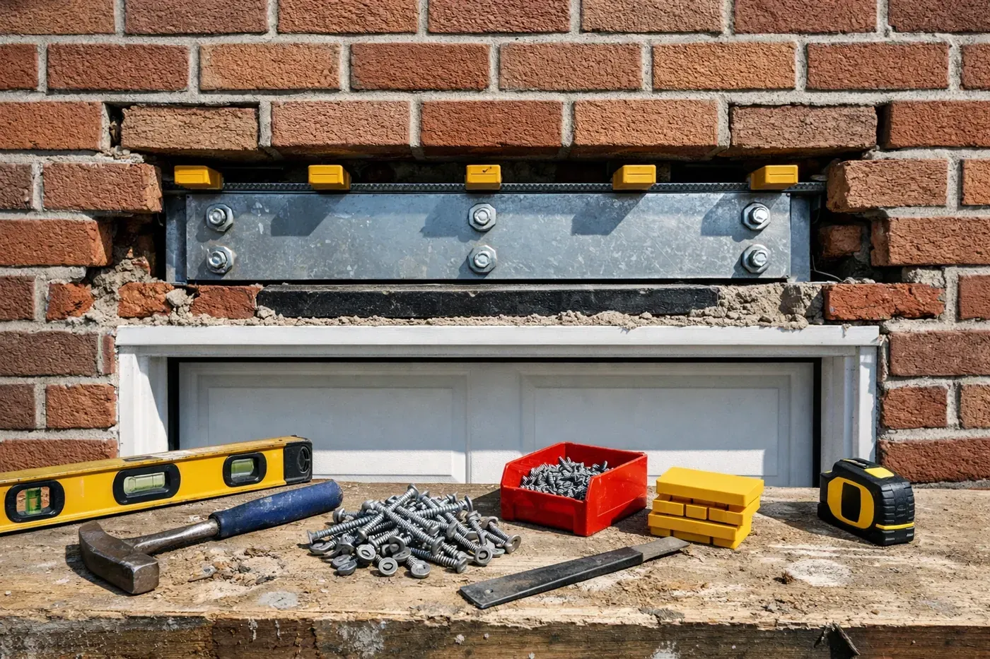 LintelLOCK garage lintel repair installation showing precision airspace gap and brick removal
