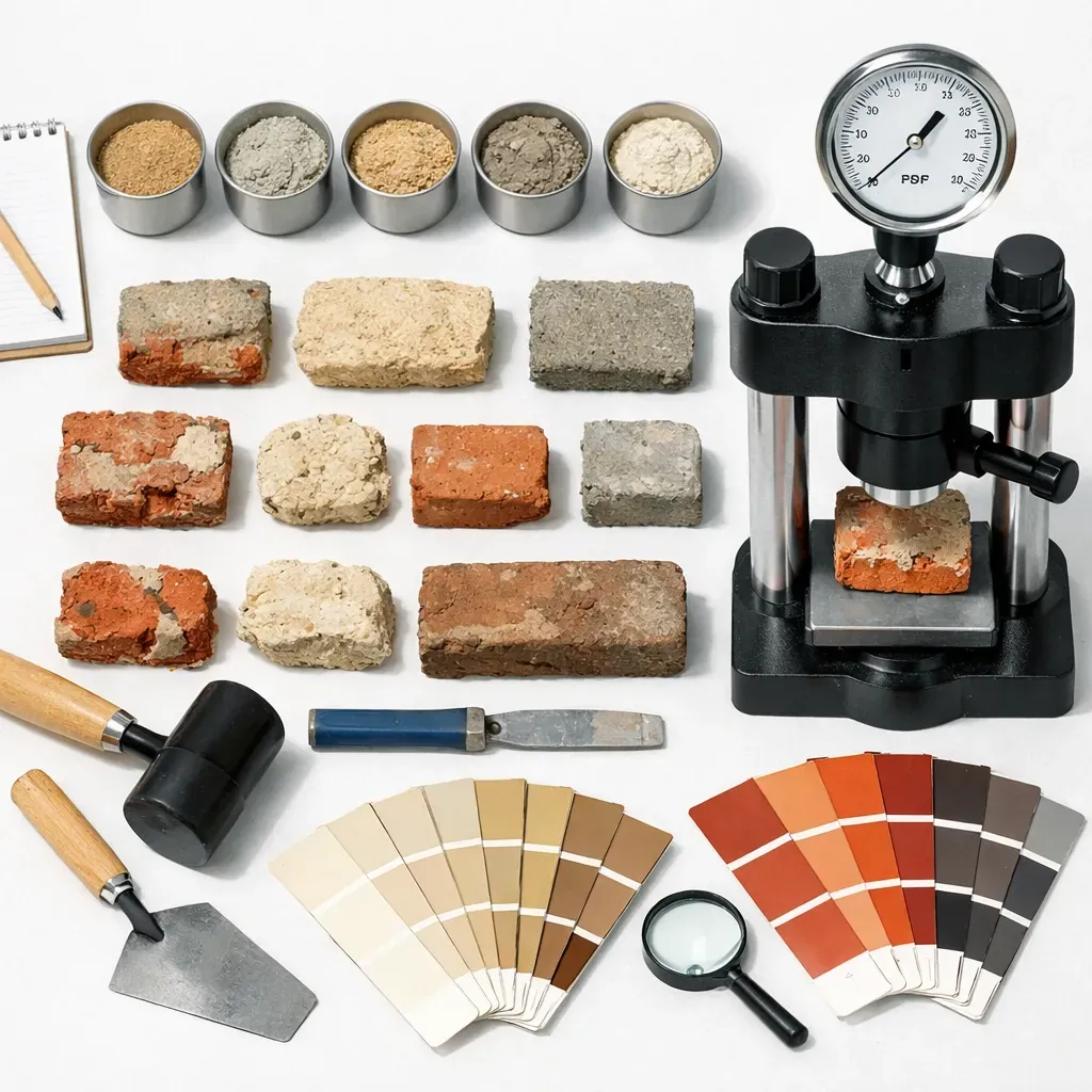 Professional brick matching process with mortar samples and testing tools for Dallas masonry repair