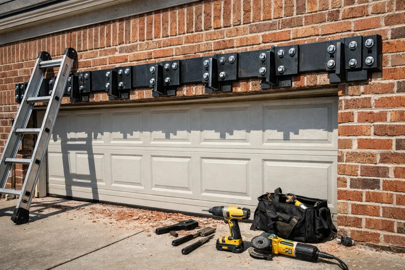 Professional garage lintel repair near me using the LintelLOCK system on a Dallas brick home.