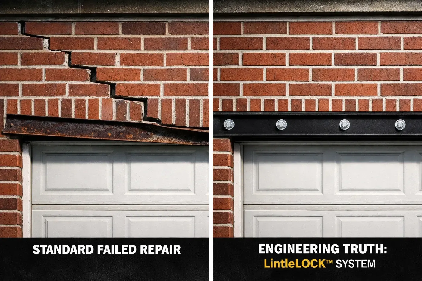 Comparison of a failed garage lintel with brick cracks versus a permanent LintelLOCK repair in Dallas.