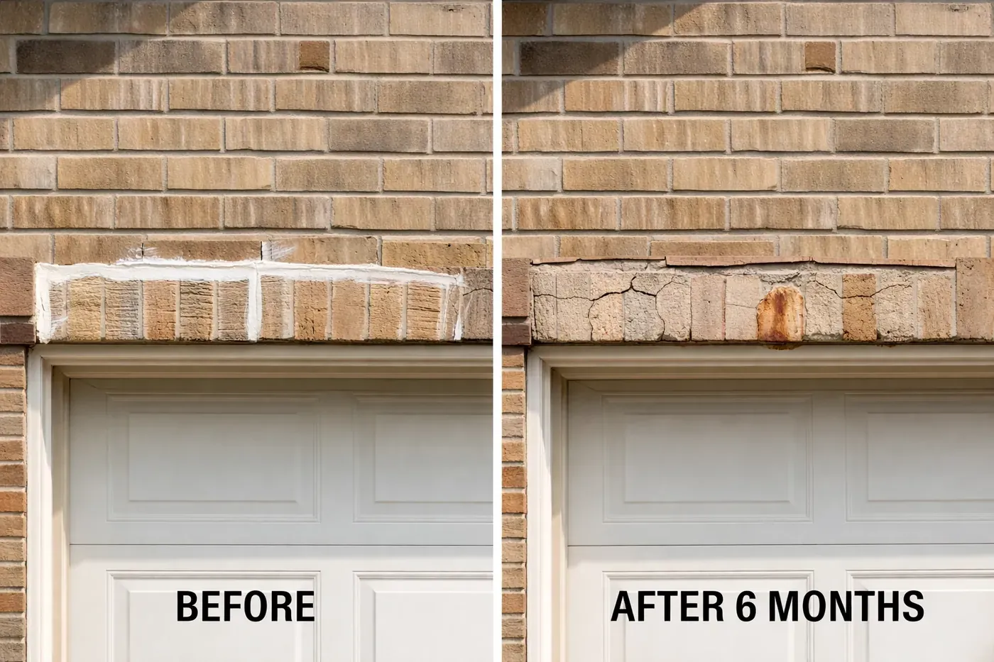 Comparison showing failed mortar patch on garage lintel with new cracks forming after repair