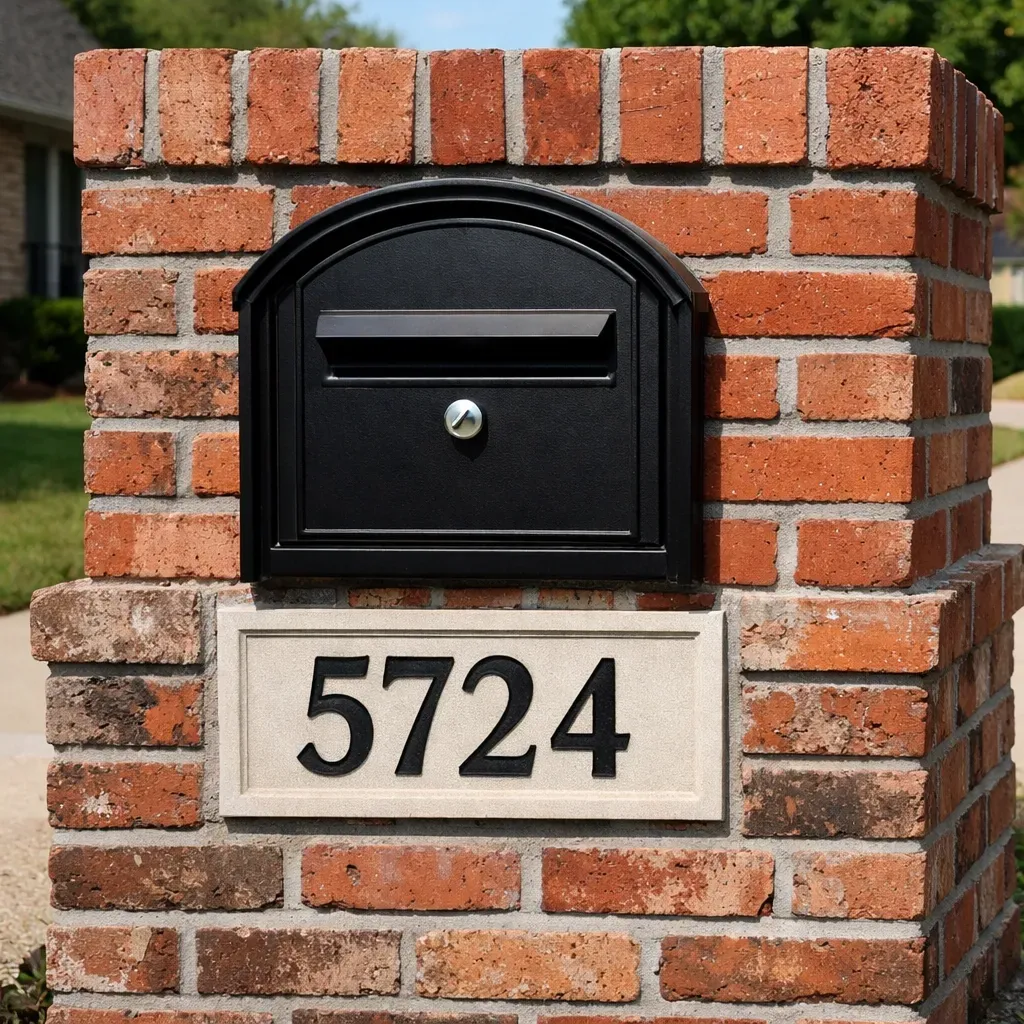 Completed brick mailbox repair in Dallas showing perfectly matched brick, mortar, and a new stone address block.