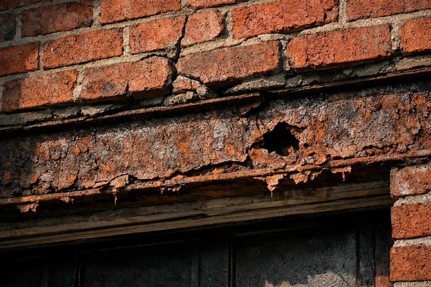 Damaged rusted steel lintel above garage door showing cracks and sagging brick in Dallas home