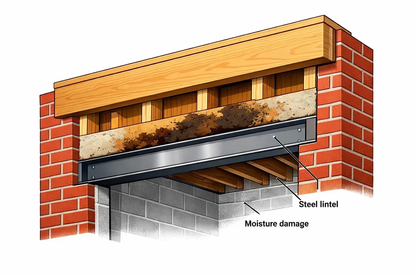 Cross-section view of garage door opening showing steel lintel and structural components behind brick