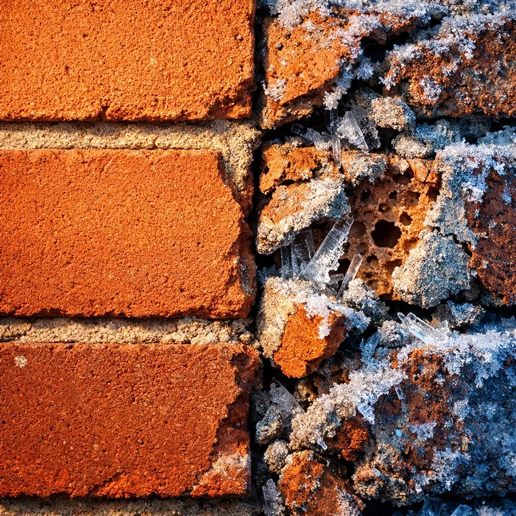 Freeze-thaw damage showing intact brick versus spalled brick with flaking and crumbling surface