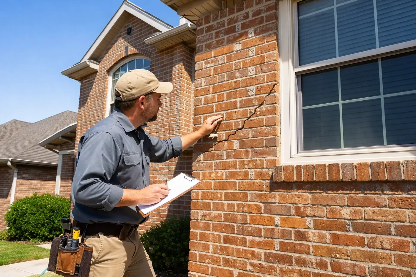 Professional masonry contractor inspecting brick crack damage on a Dallas area home