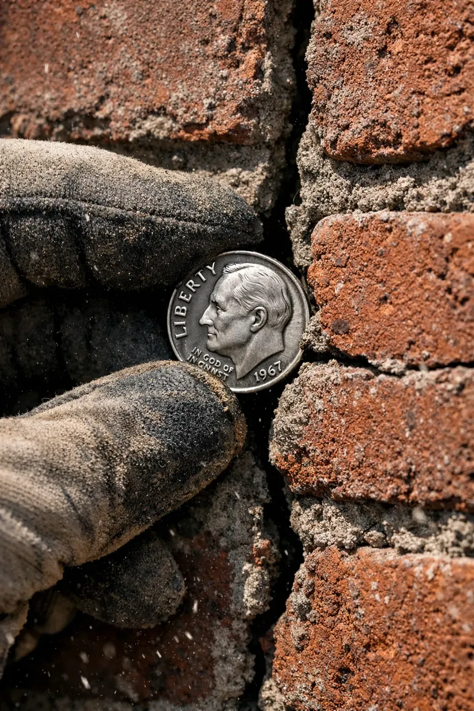 Dime test showing brick crack width measurement for Dallas foundation inspection