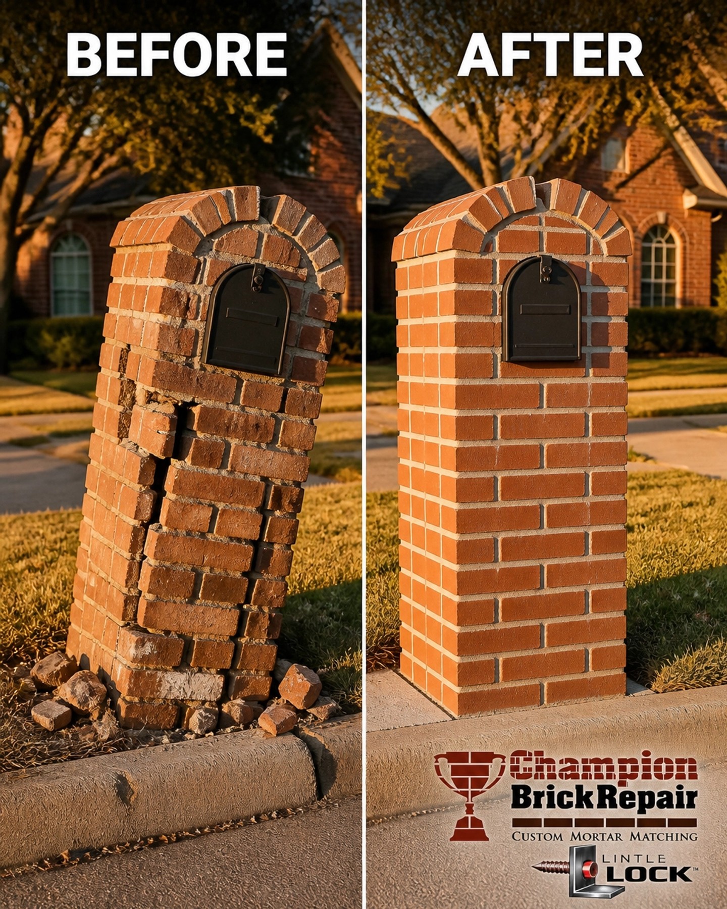 Leaning brick mailbox repair near me in Carrollton, TX — a leaning, cracked brick mailbox rebuilt straight and solid
