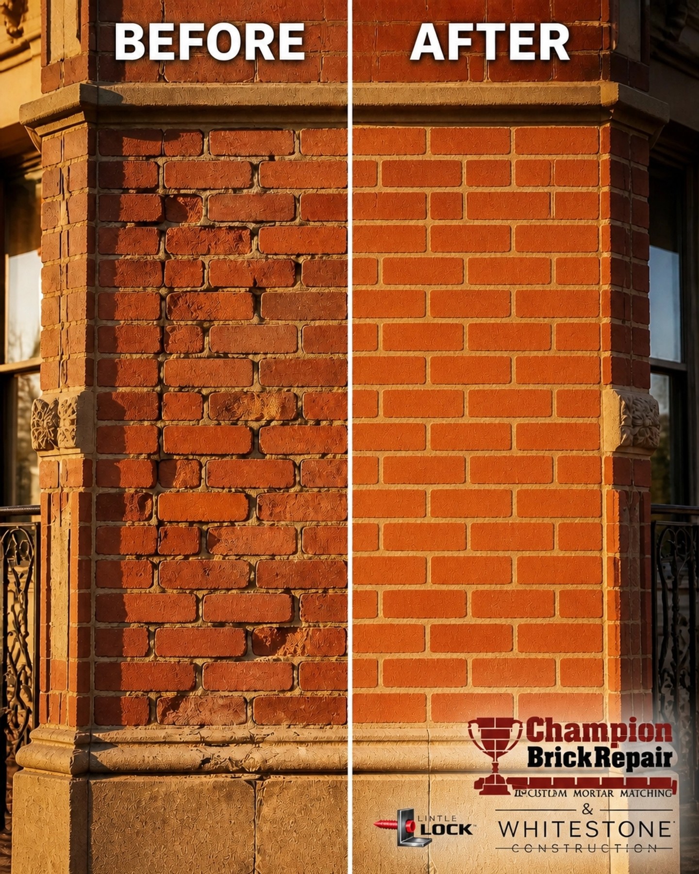 Cracked brick wall in Arlington restored with professional repointing by Champion Brick Repair