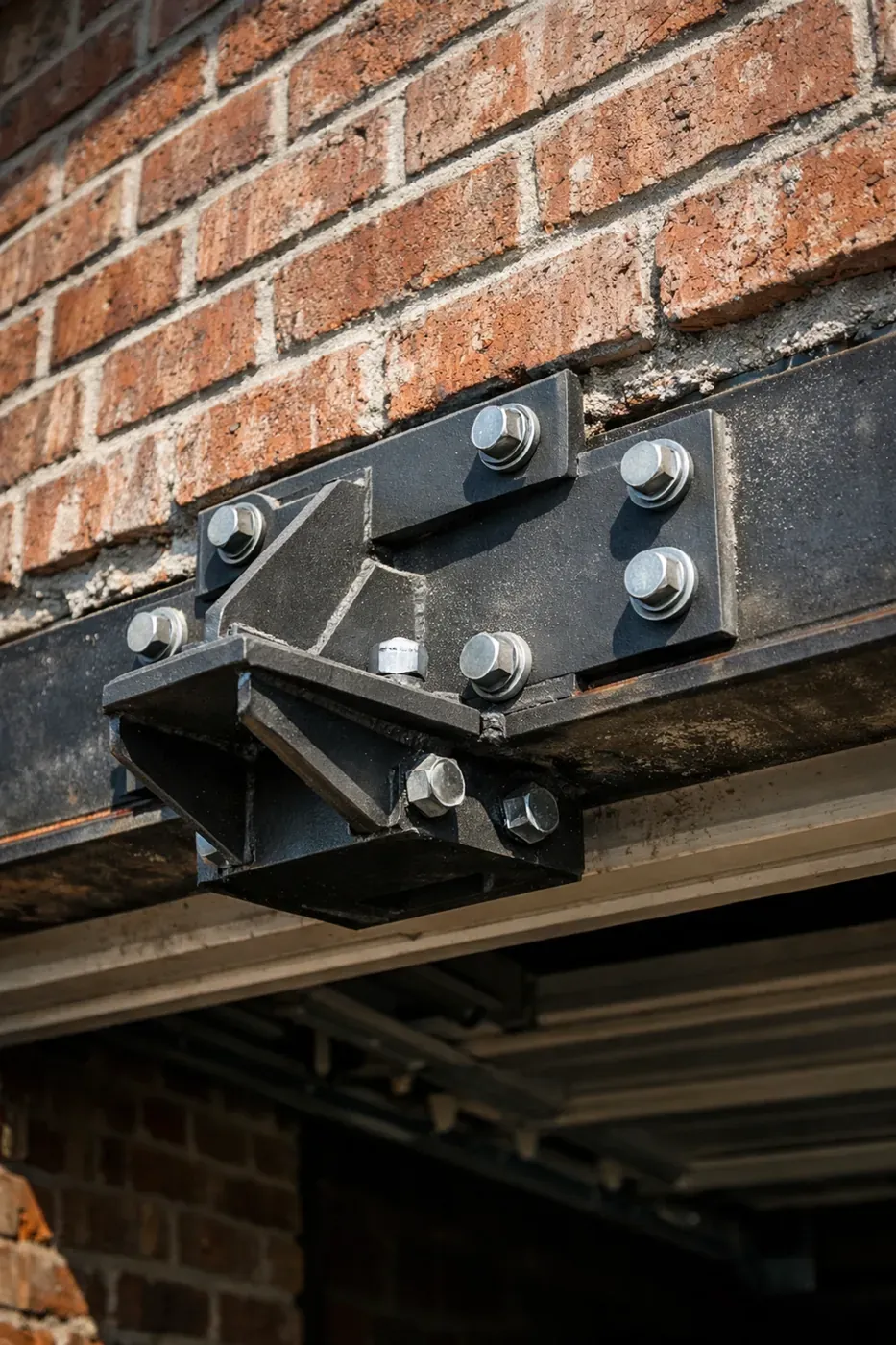 LintelLOCK system installation for garage lintel repair in Dallas to fix horizontal cracks above the door.