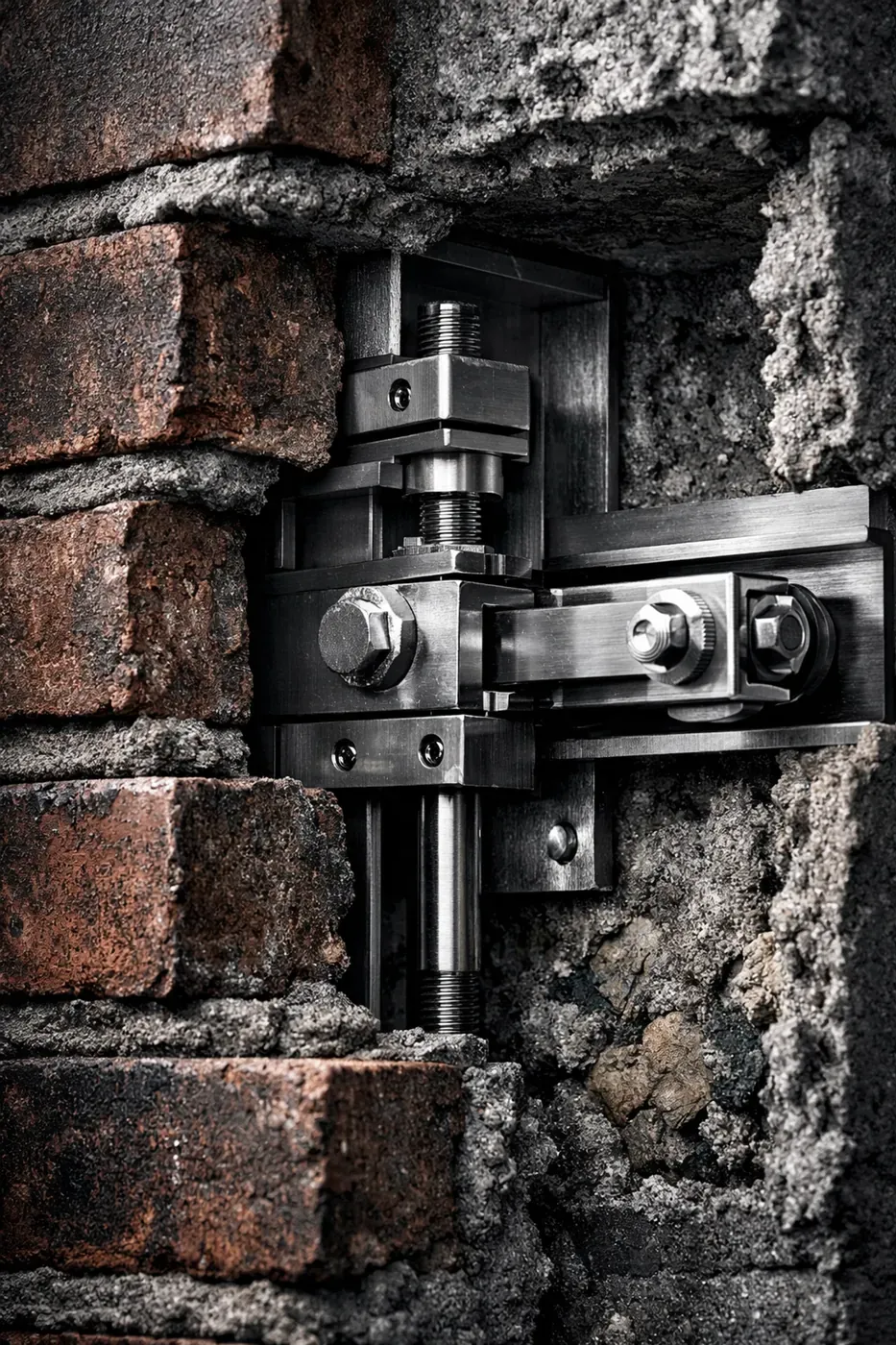 Cross-section of brick wall showing internal LintelLOCK support system for invisible lintel repair
