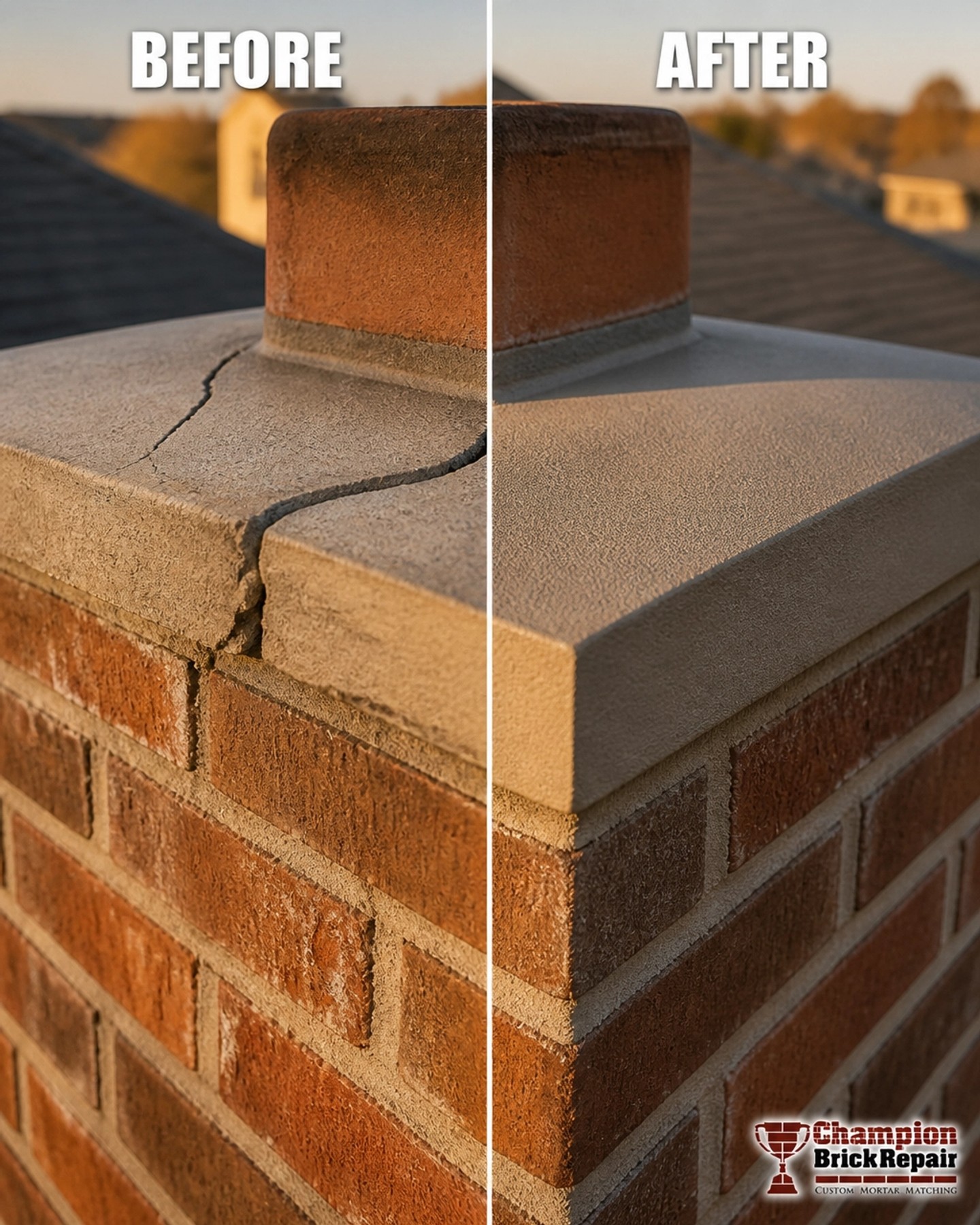 Chimney crown rebuild before and after — cracked, separated crown replaced with a fresh reinforced crown