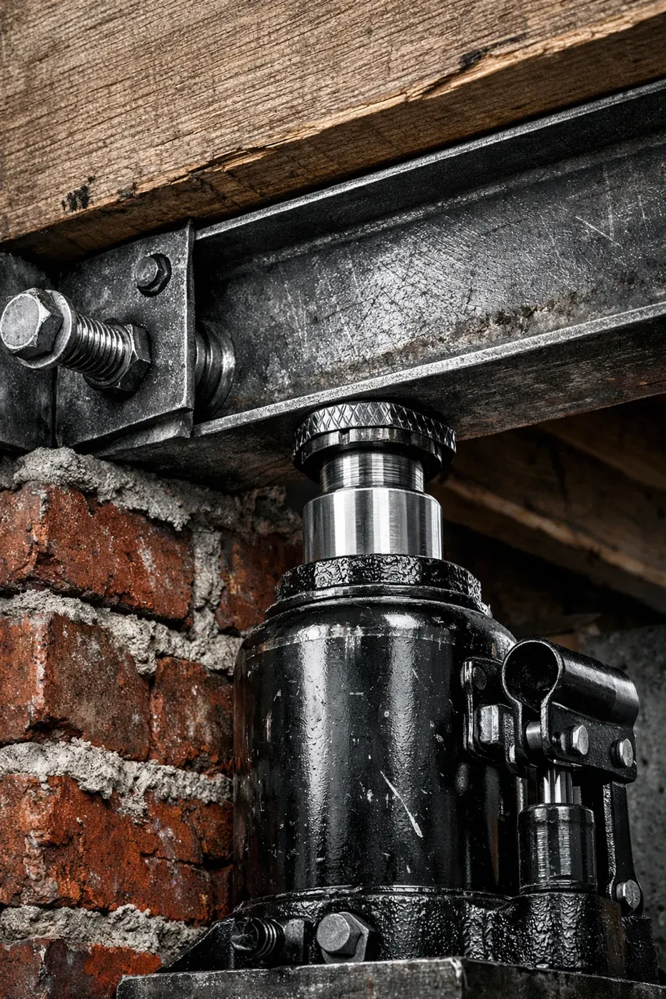 Hydraulic realignment of a sagging garage lintel using the LintelLOCK system and heavy-duty steel hardware.